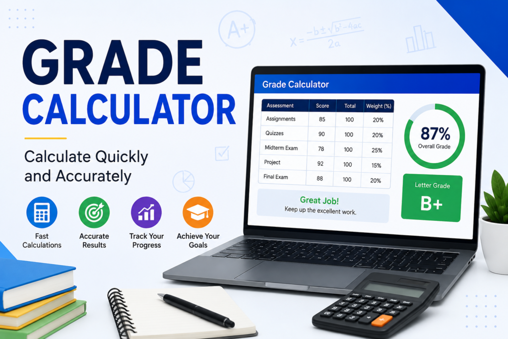 Grade Calculator hero banner showing a student-friendly online grade calculator dashboard with grades, percentages, and academic performance tracking.