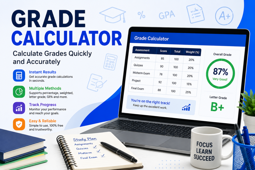 Online Grade Calculator dashboard displaying assignment scores, weighted grades, overall percentage, and letter grade on a laptop screen.