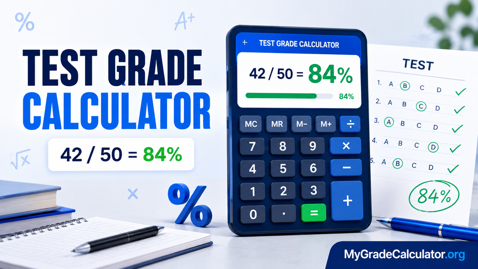 Test grade calculator showing a score of 42 out of 50 and an 84% test grade