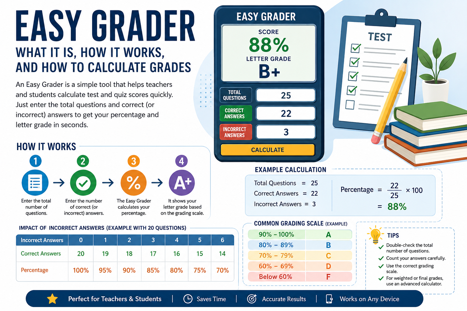 Easy Grader infographic showing how to calculate test scores, percentages, and letter grades.