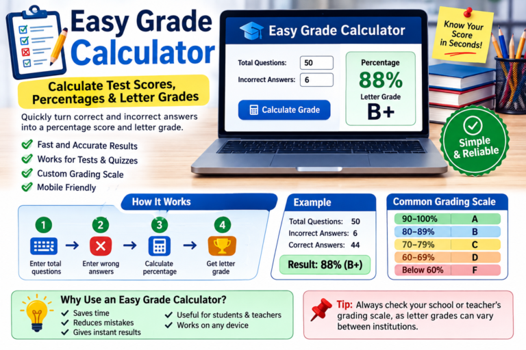 Easy Grade Calculator showing how correct and incorrect answers are converted into test percentages and letter grades.