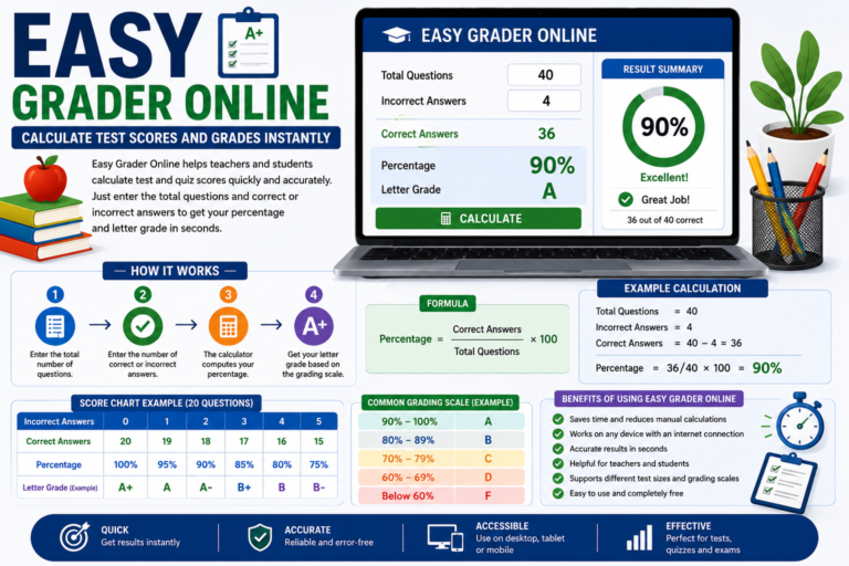 Easy Grader Online calculator showing how to calculate test scores, percentages, and letter grades.