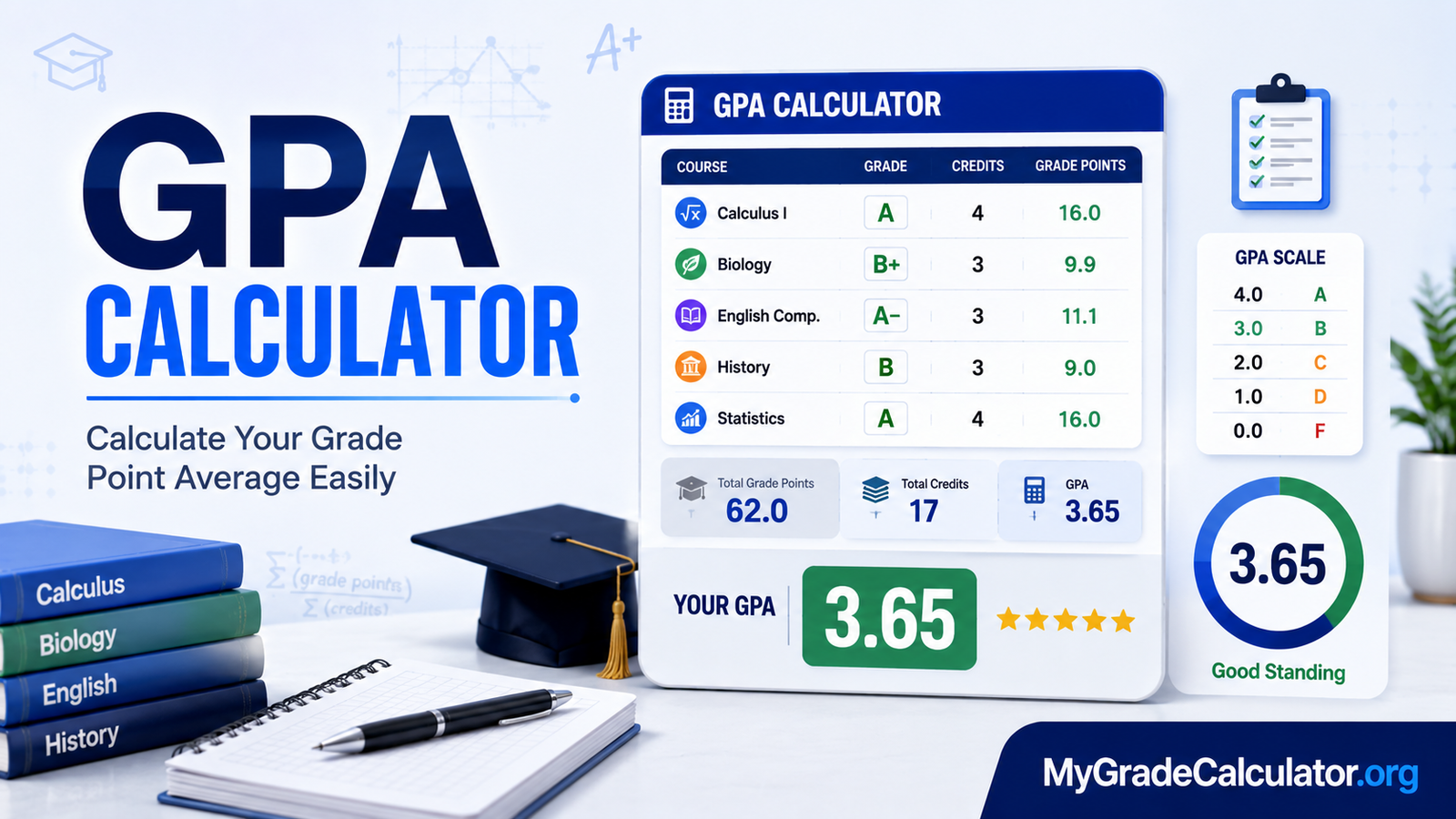 GPA calculator showing course grades, credit hours, grade points, and a calculated 3.50 GPA.