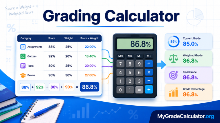 Grading calculator showing weighted scores, assignments, exams, and final grade calculation