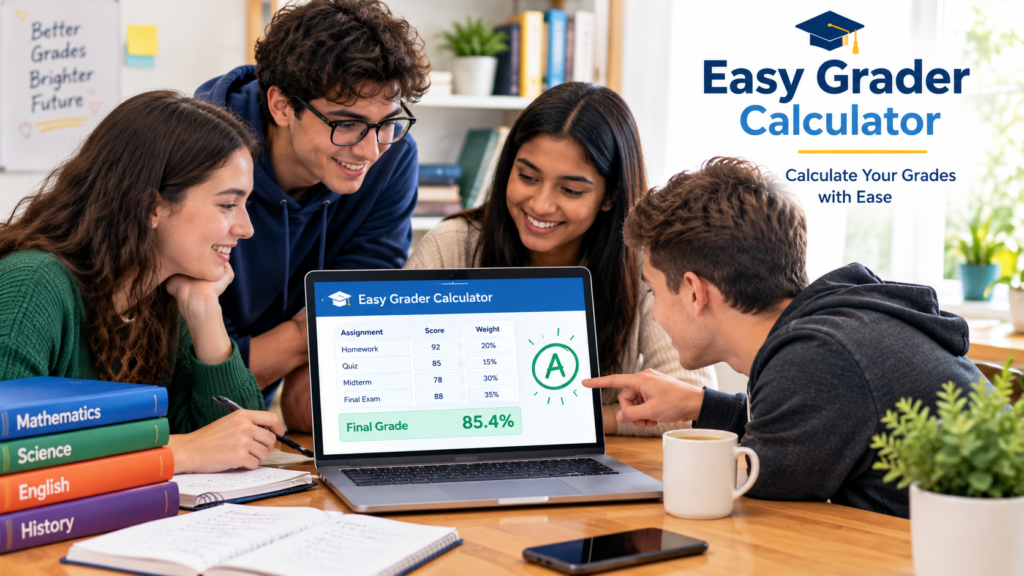 Four students using an Easy Grader Calculator on a laptop to calculate grades and review assignment scores while studying together.